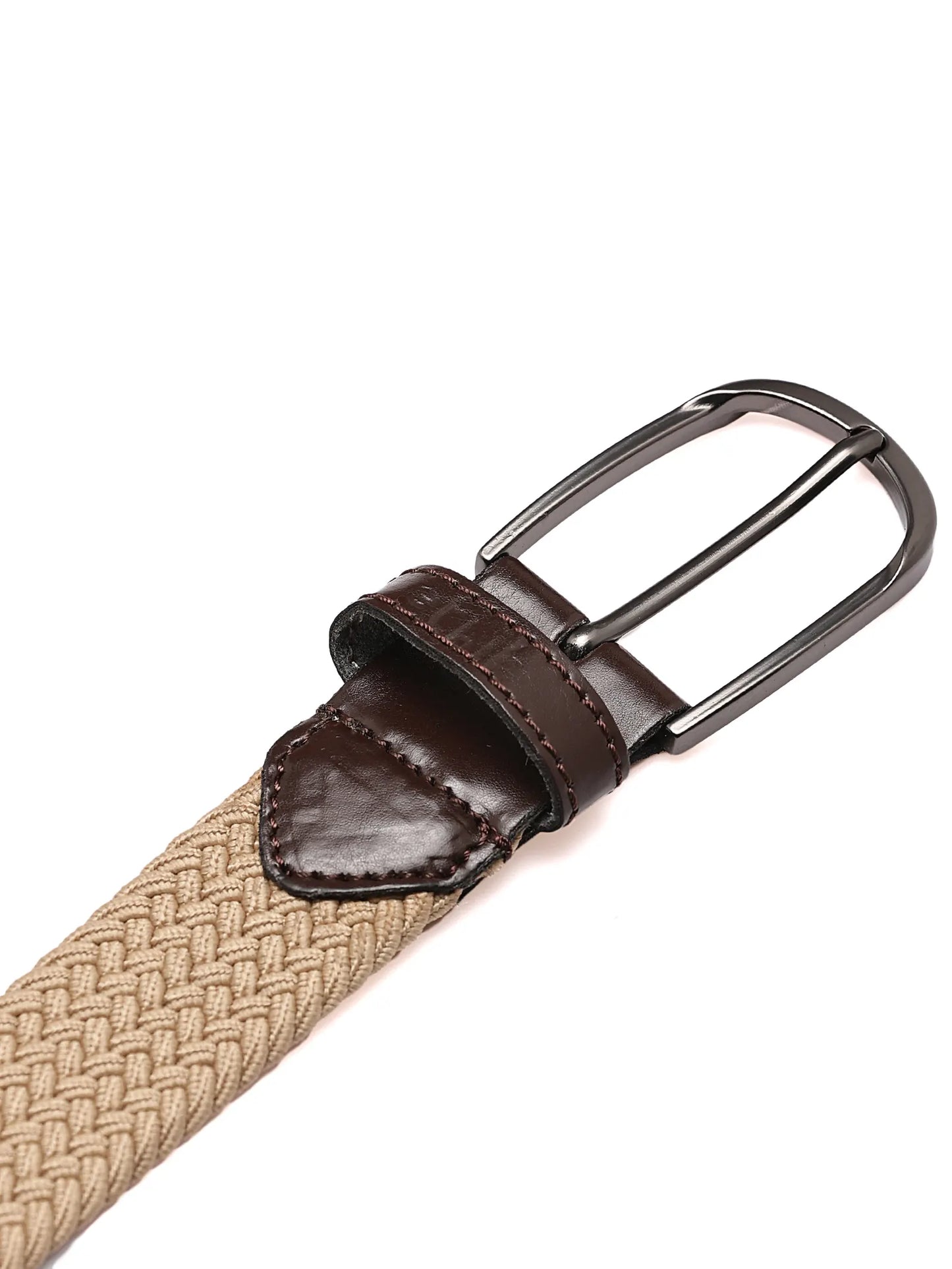 Beige woven belt with a brown leather buckle on a white background