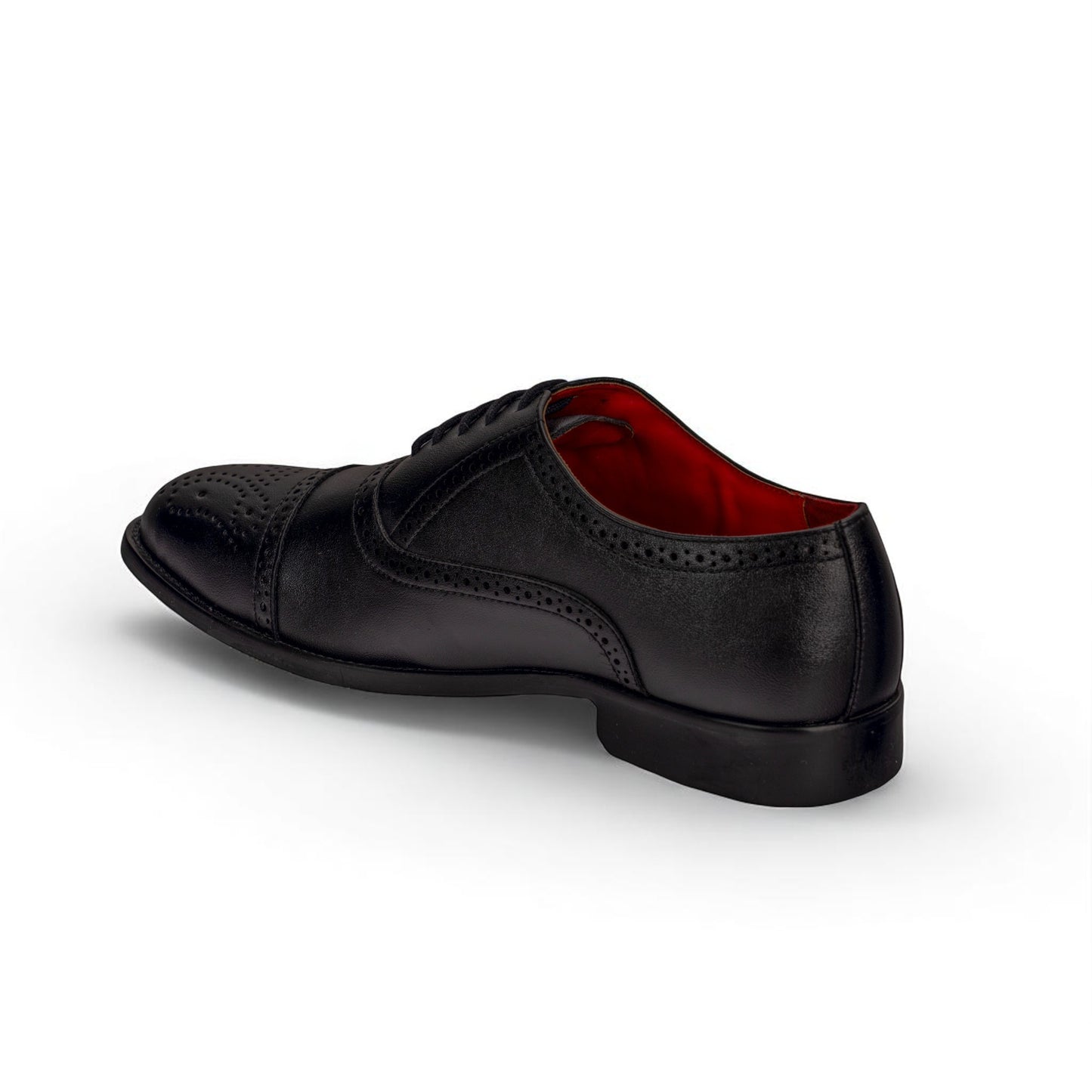 Black dress shoe with red lining on a white background