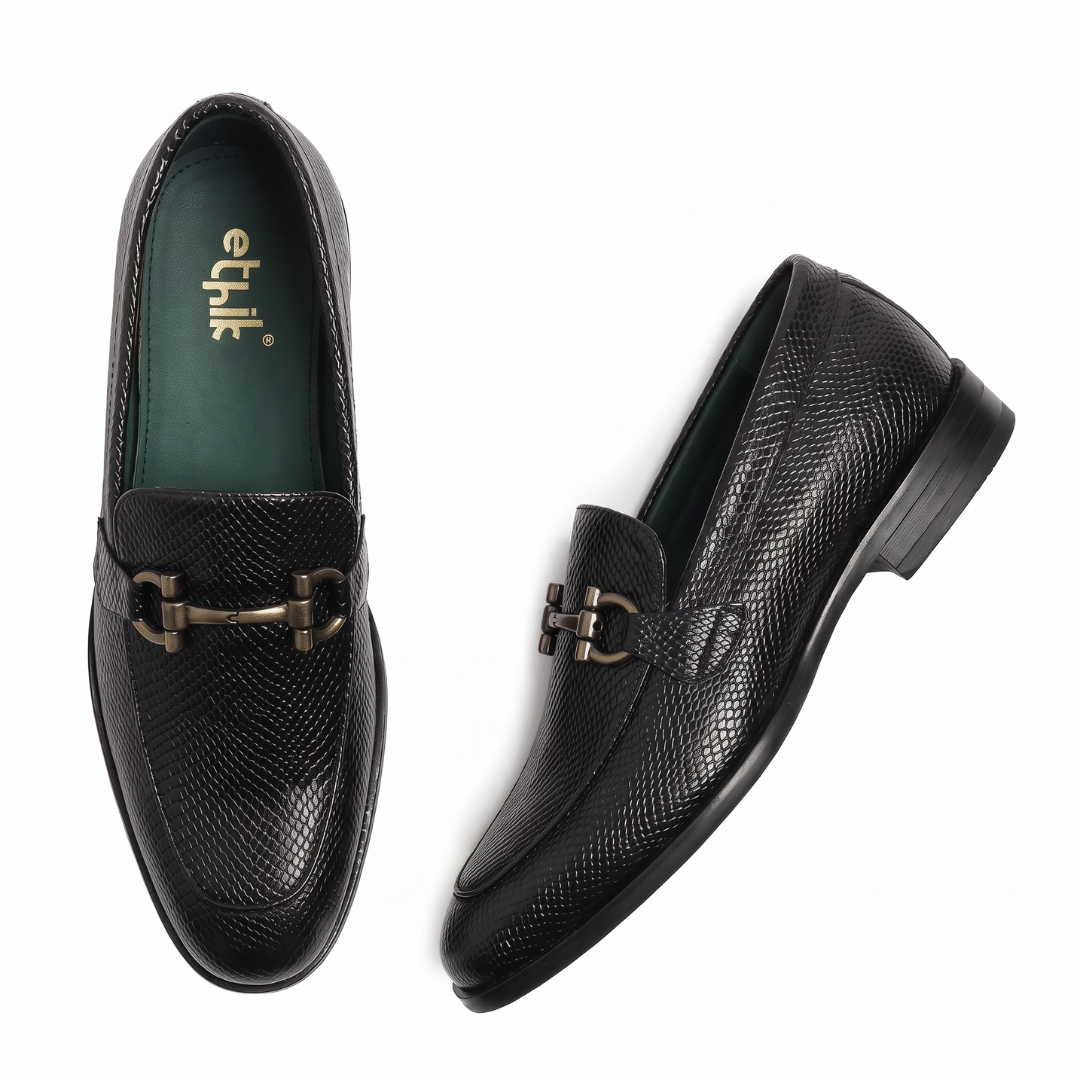 Ethik Textured Stunner Black Loafers for Men