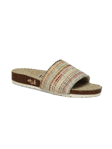 Multicolored sandal with cork sole on a white background