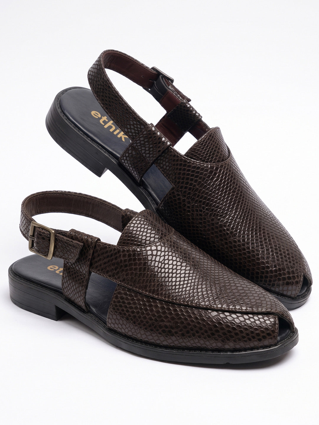 Ethik Jashn Textured Dark Brown Peshawari Sandal for Men