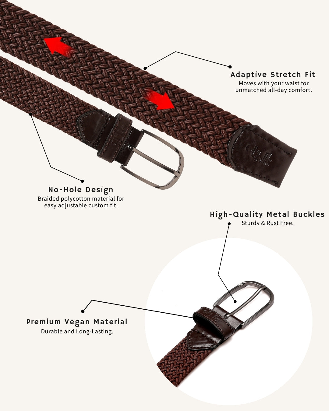 Brown woven belt with features highlighted on a white background