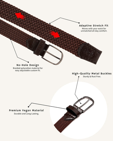 Brown woven belt with features highlighted on a white background