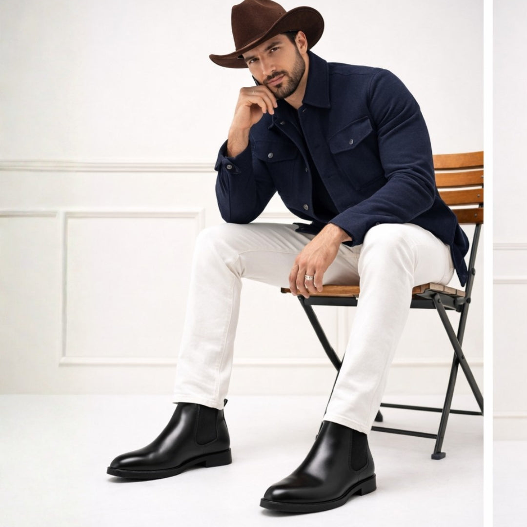 Man sitting on a chair wearing a navy jacket, white pants, black boots, and a brown cowboy hat.