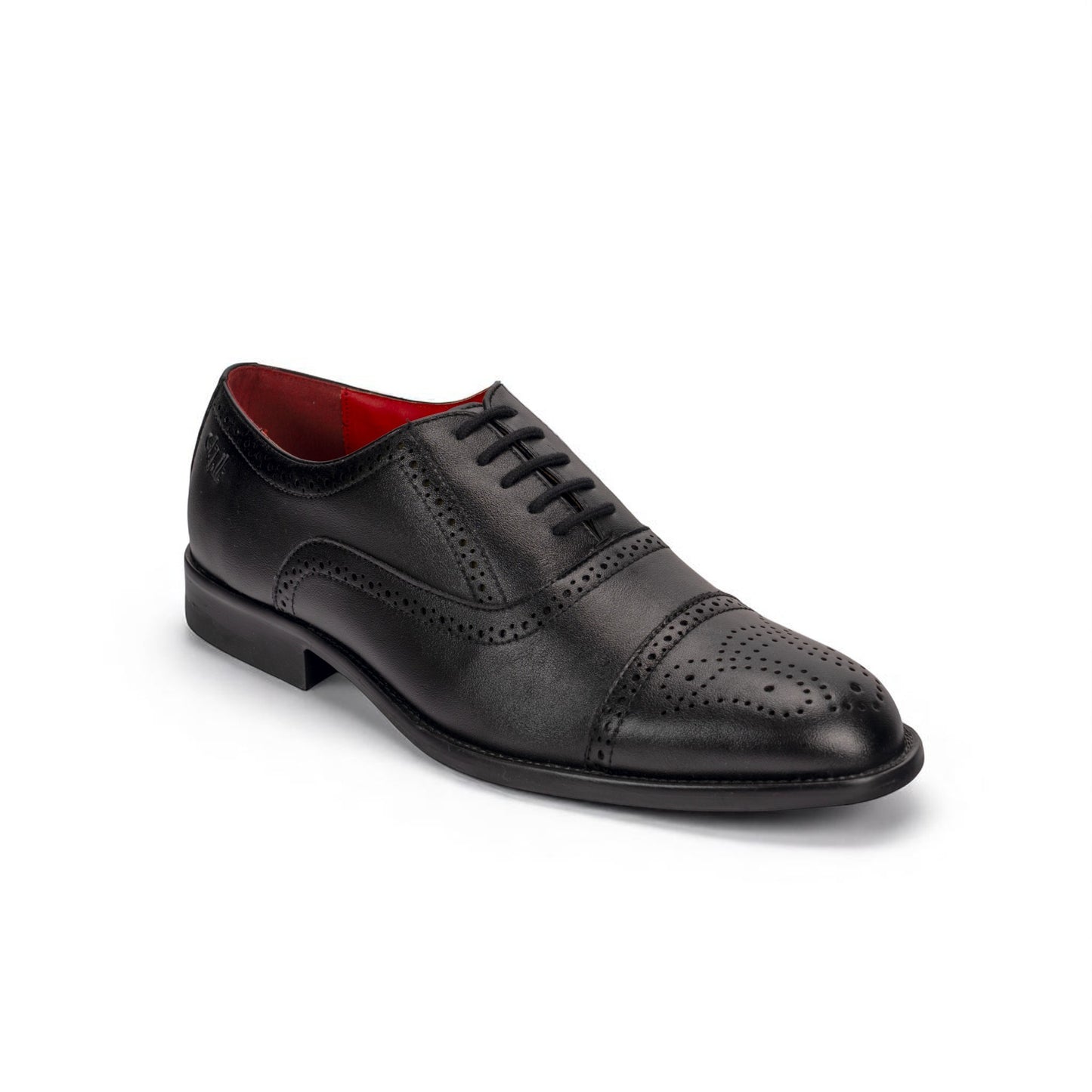 Black dress shoe with red lining on a white background