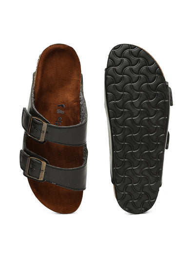 Black leather sandal with brown insole on a white background