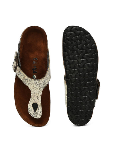 Brown sandal with white strap on a white background