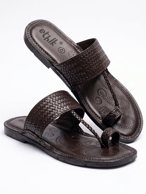 Ethik Yuvraj Brown Woven Kolhapuri-Style Chappal for Men