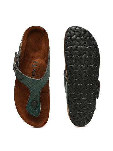 Brown sandal with green insole and black sole on a white background