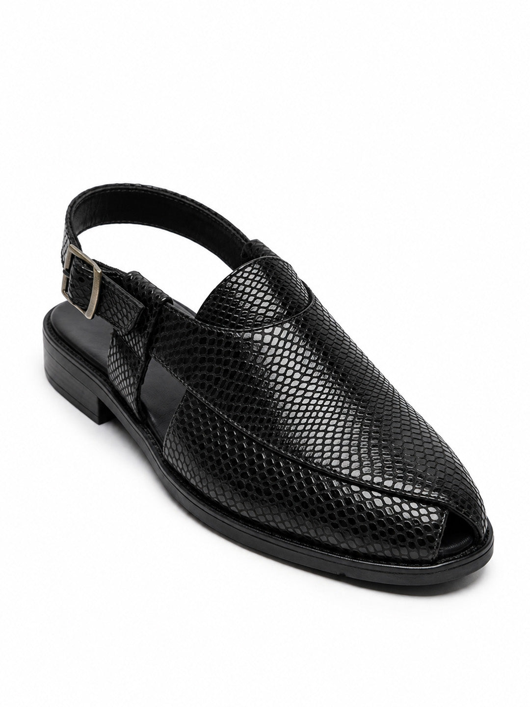 Ethik Jashn Textured Black Peshawari Sandal for Men