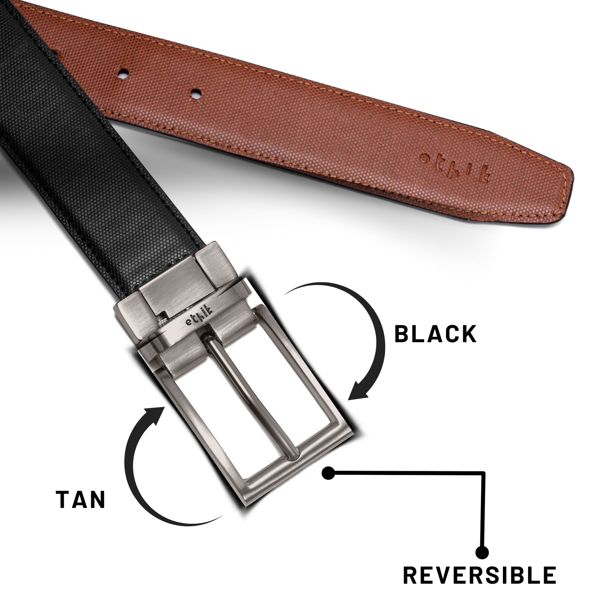 Reversible belt with black and tan options and a silver buckle.