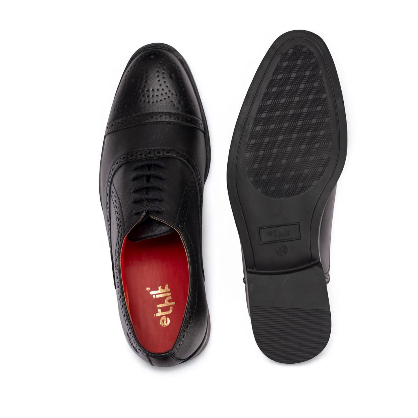 Black leather dress shoe with red lining on a white background