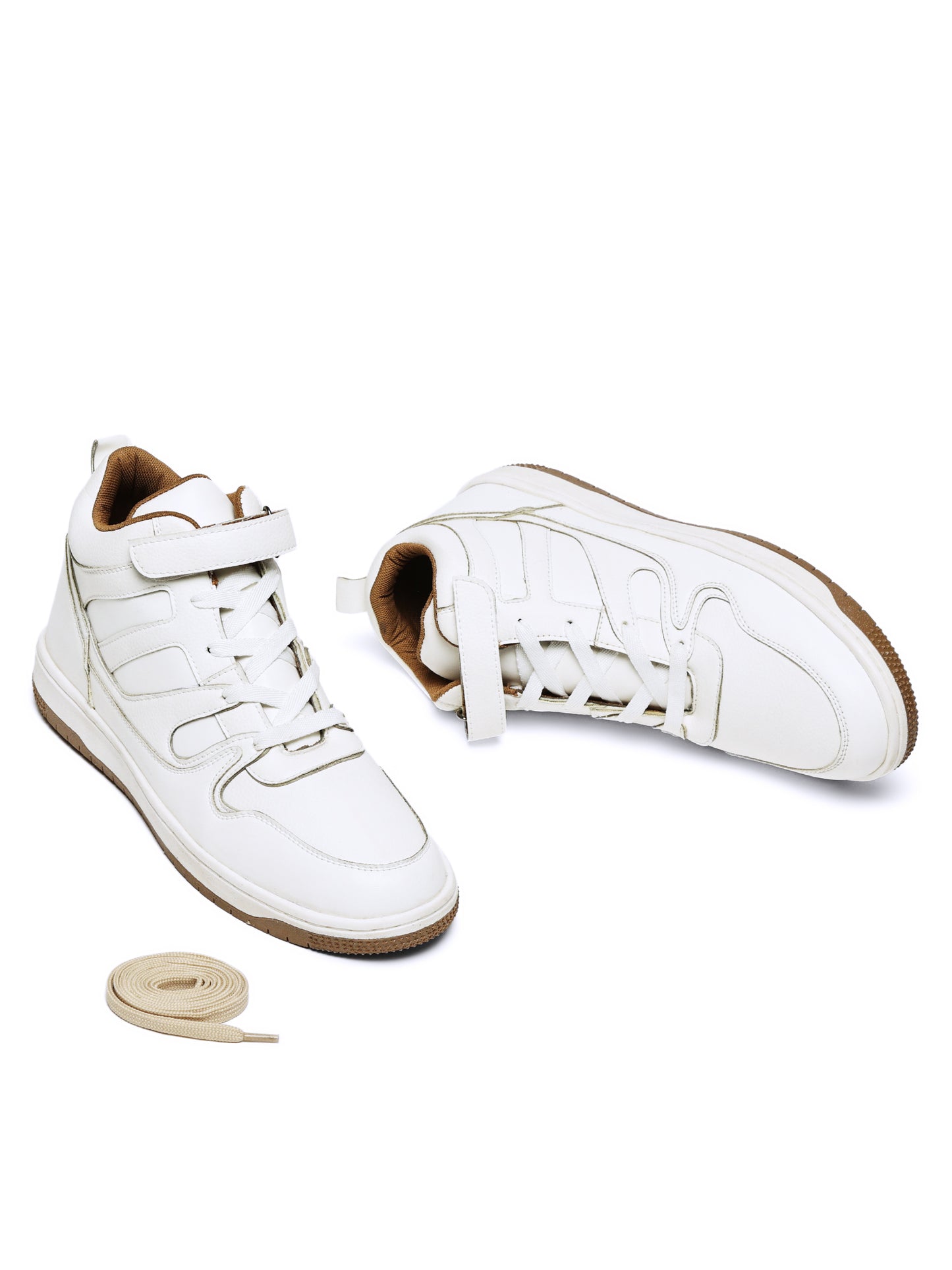 Pair of white high-top sneakers with brown accents on a white background