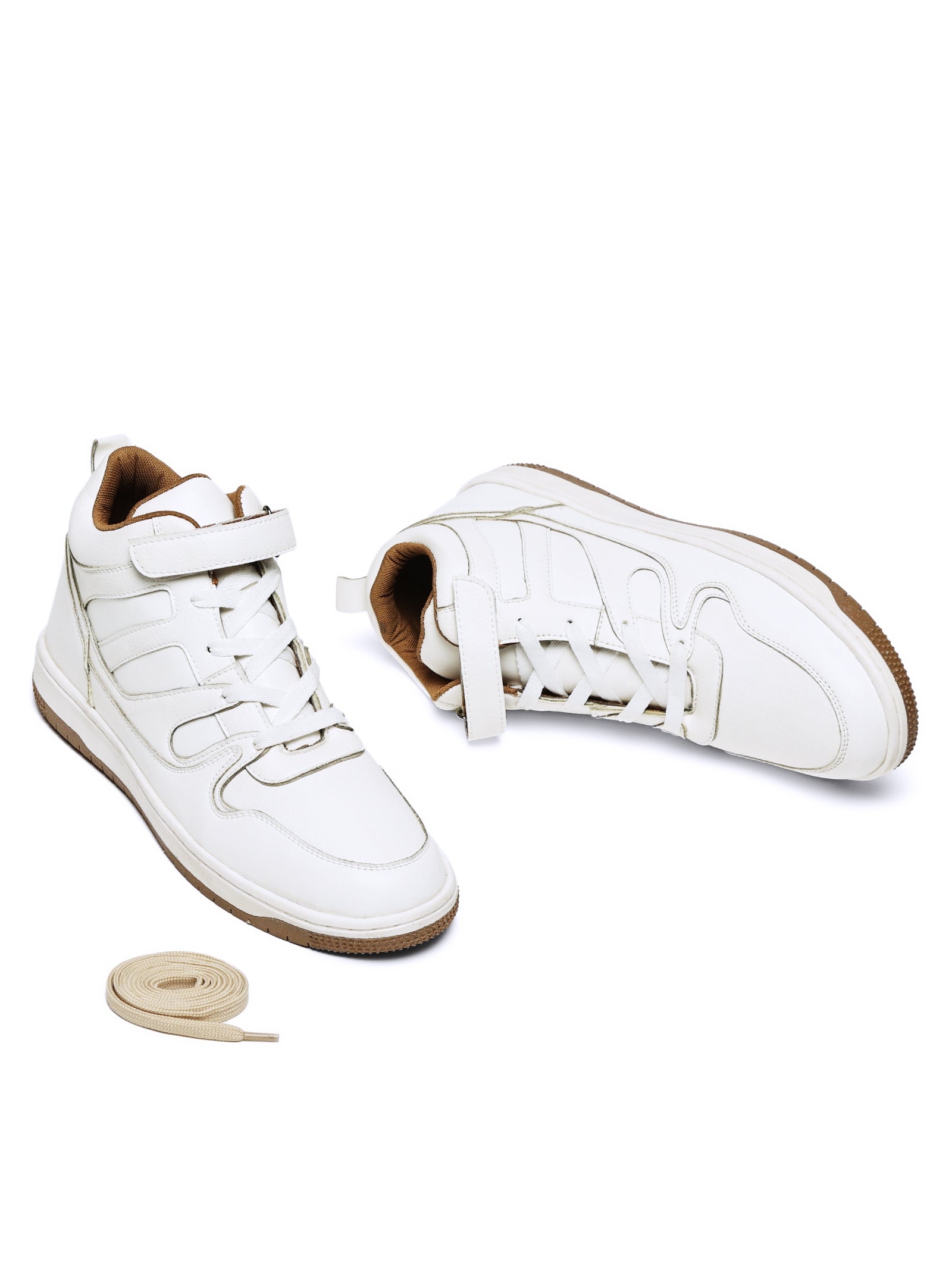 Pair of white high-top sneakers with brown accents on a white background