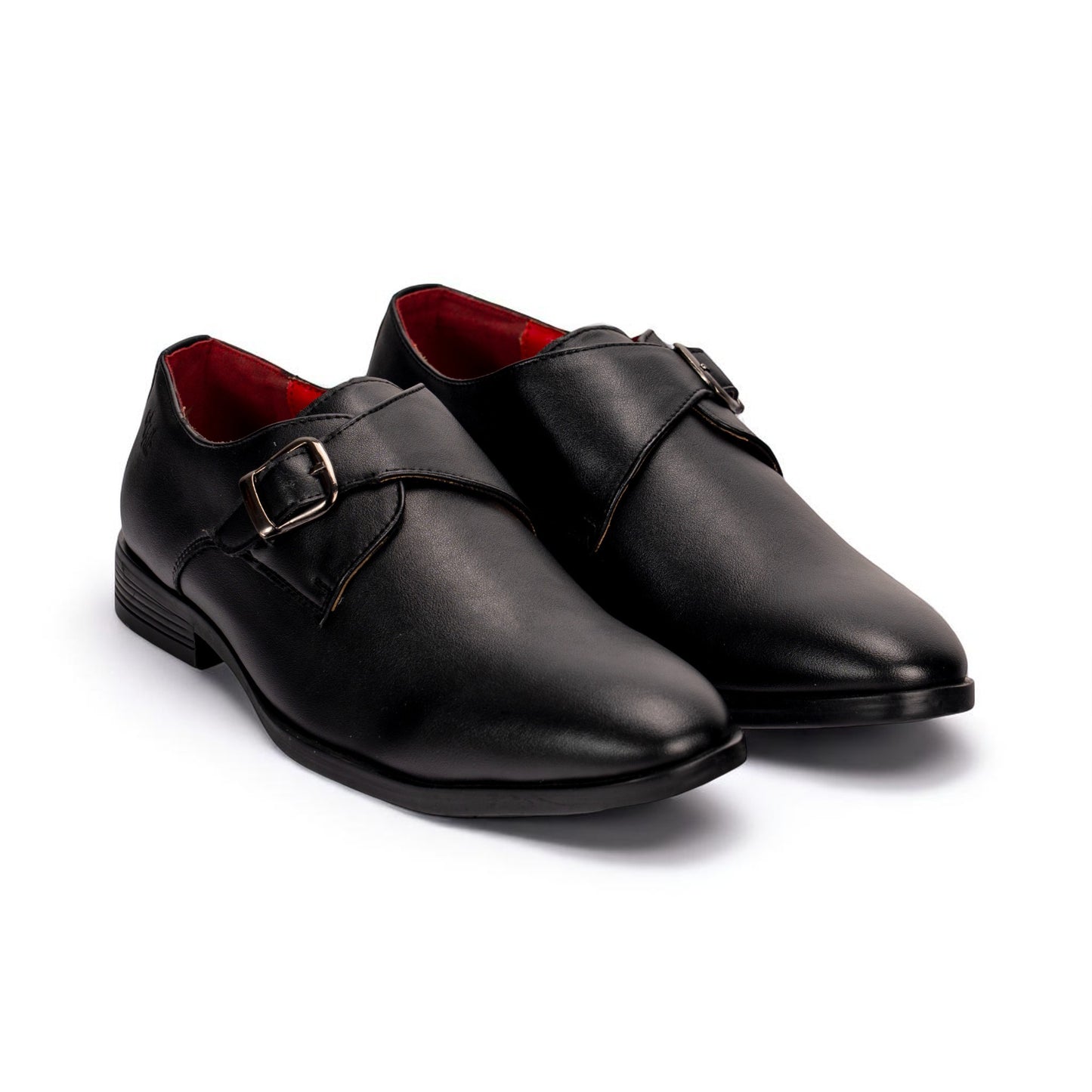 Pair of black dress shoes with a buckle on a white background