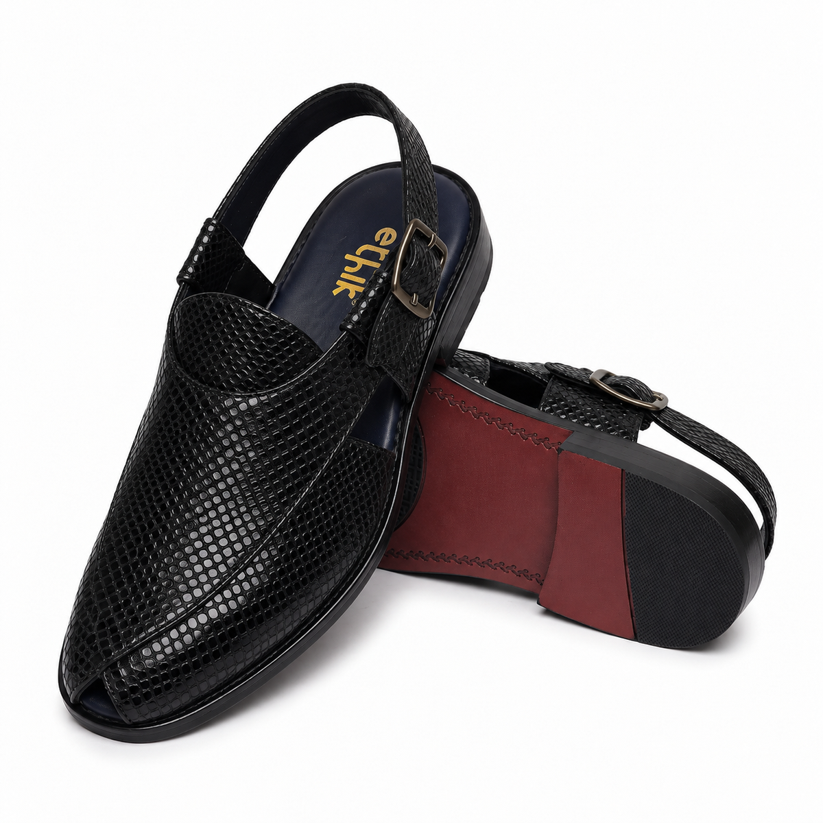Ethik Jashn Textured Black Peshawari Sandal for Men
