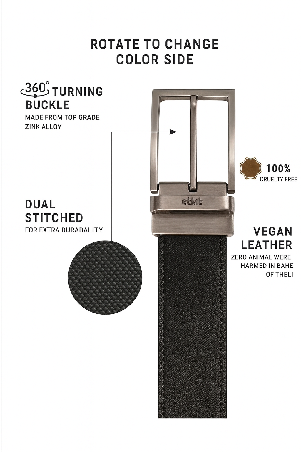 Black vegan leather belt with metallic buckle on a white background, featuring text about product features.