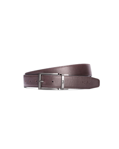 Brown leather belt with a silver buckle on a white background