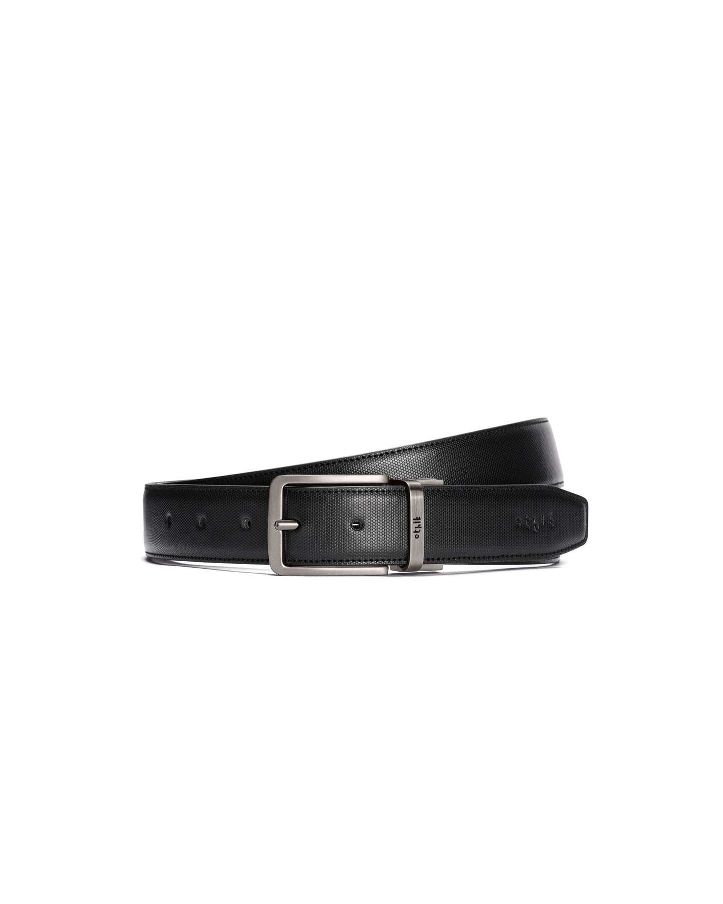 Black leather belt with silver buckle on a white background