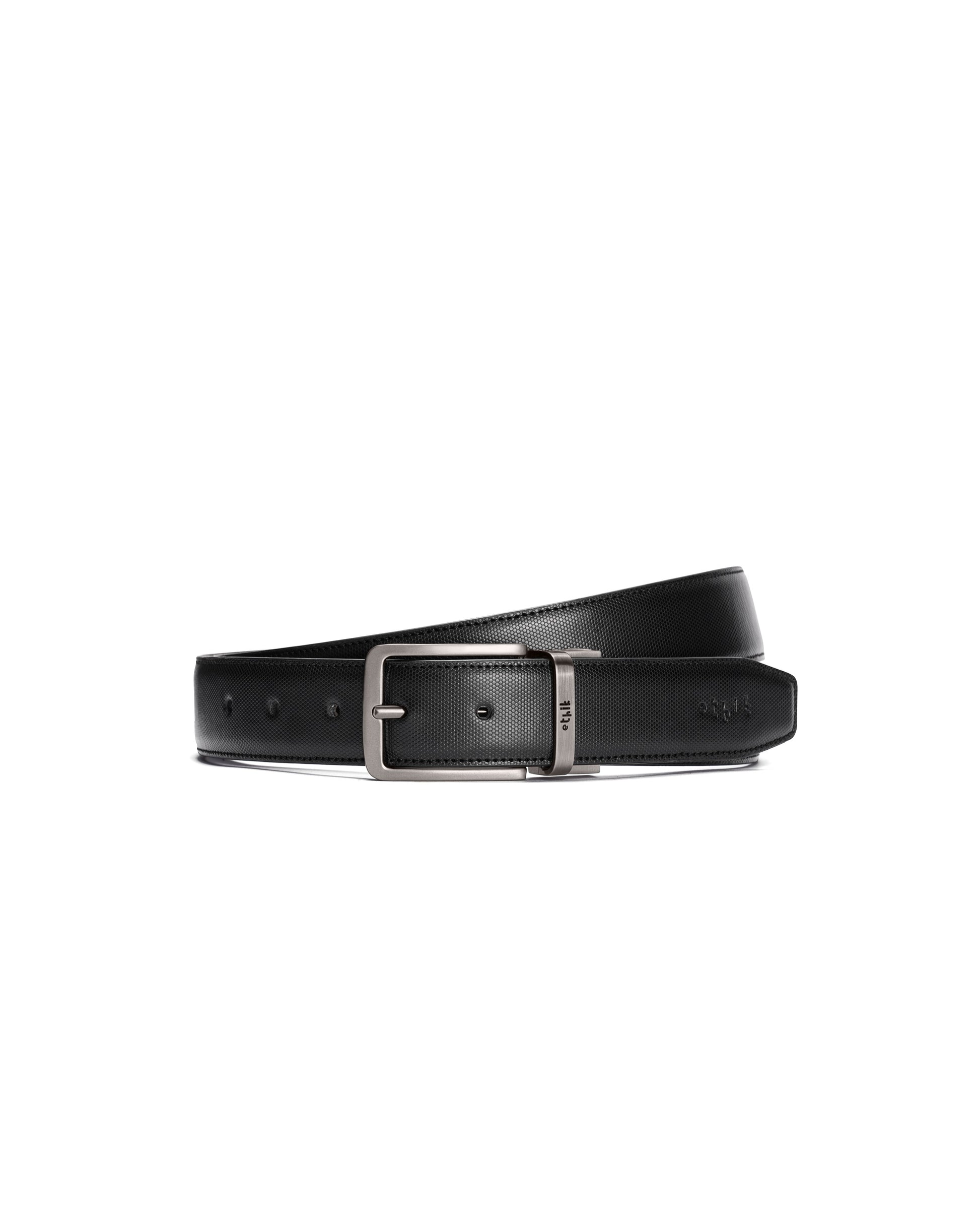 Black leather belt with silver buckle on a white background
