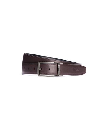 Brown leather belt with silver buckle on a white background