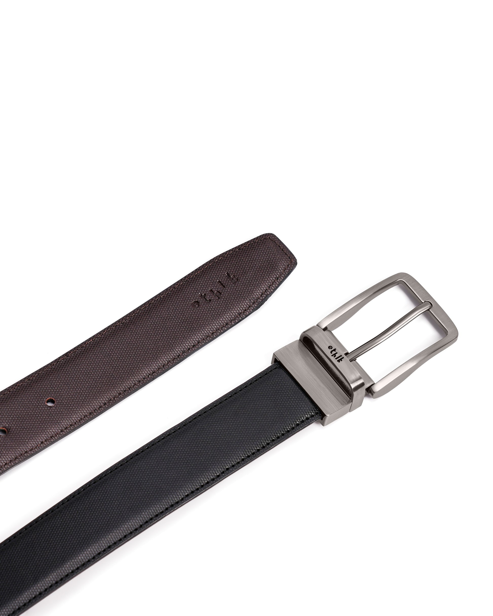 Two belts, one brown and one black, with silver buckles on a white background.