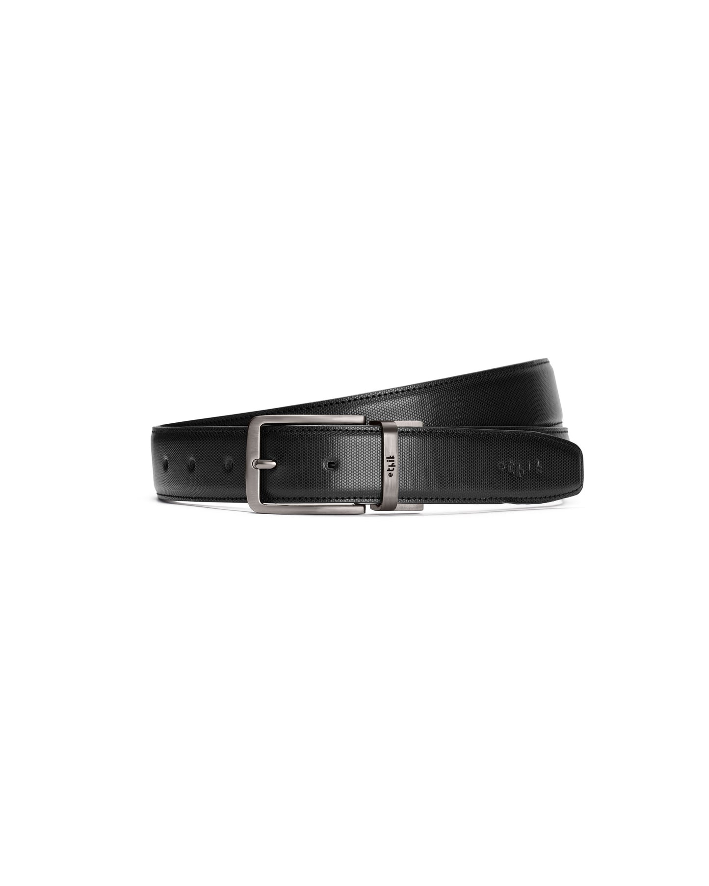 Black leather belt with a silver buckle on a white background