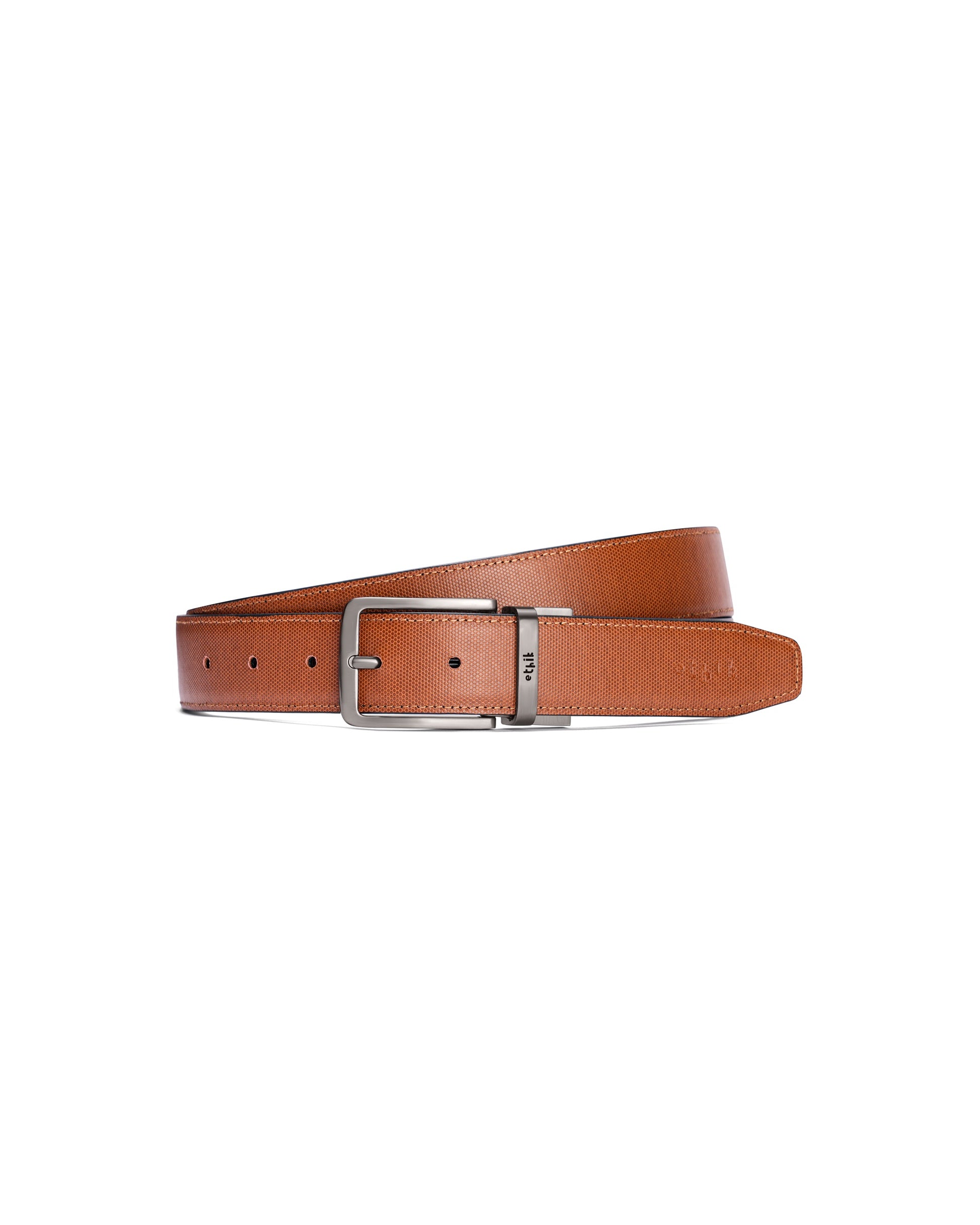 Brown leather belt with silver buckle on a white background