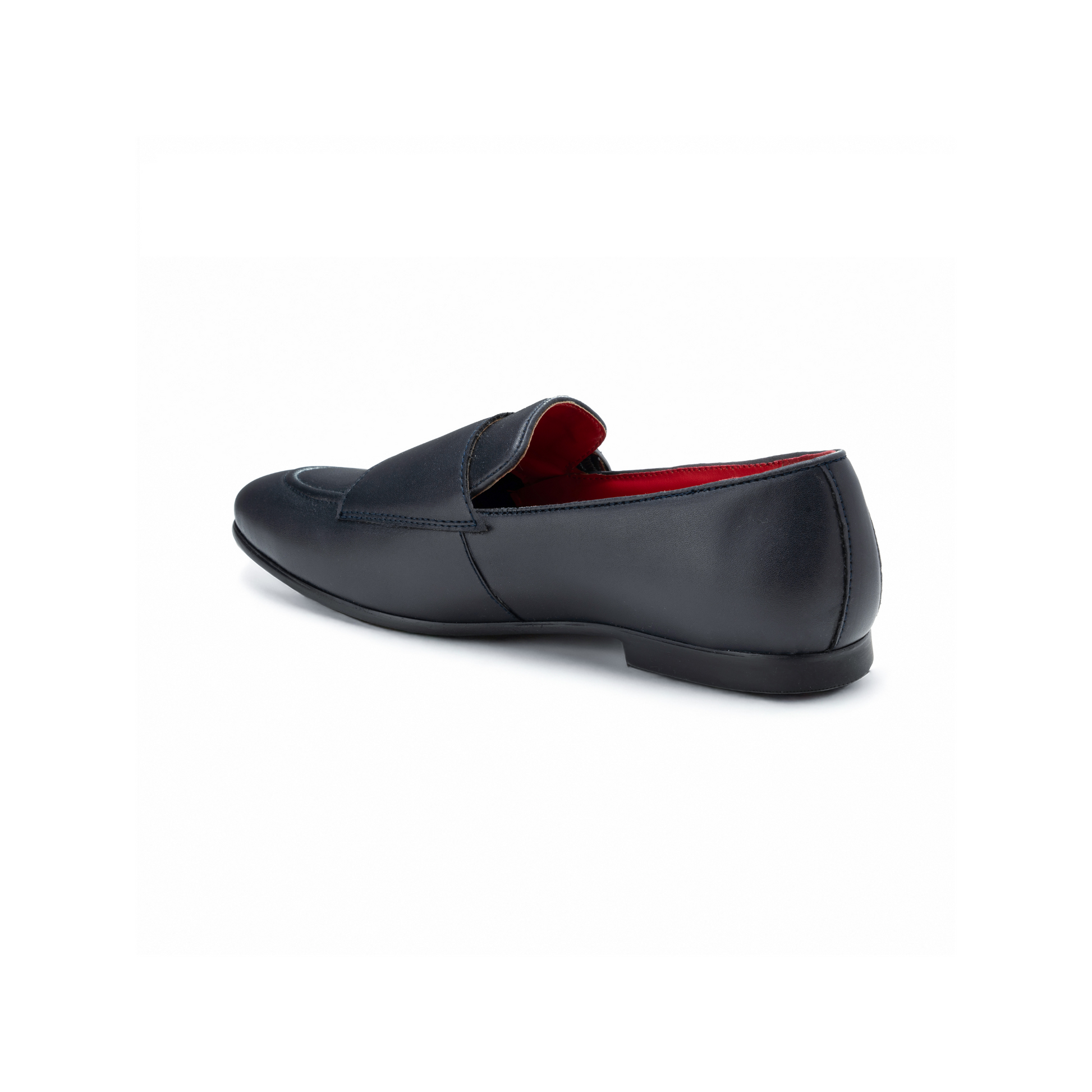Black loafer shoe with red lining on a white background