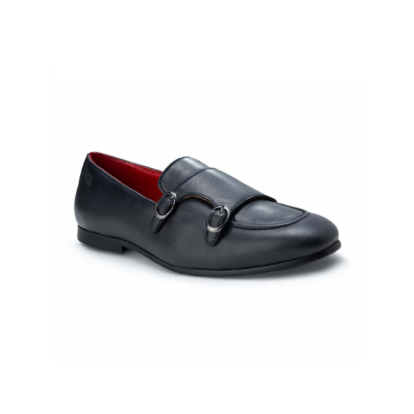 Black leather loafer with a red interior on a white background