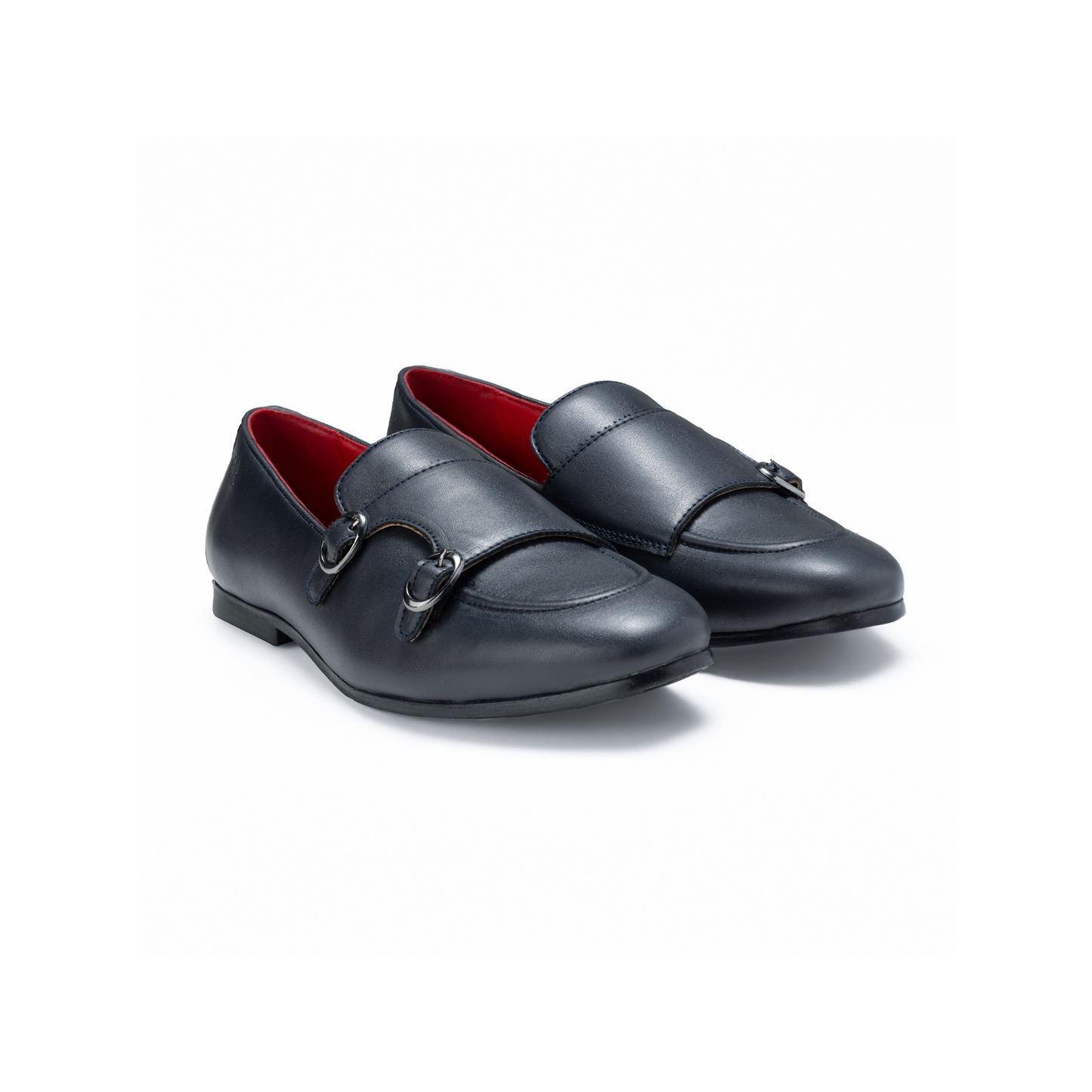 Pair of black loafers with red interior on a white background