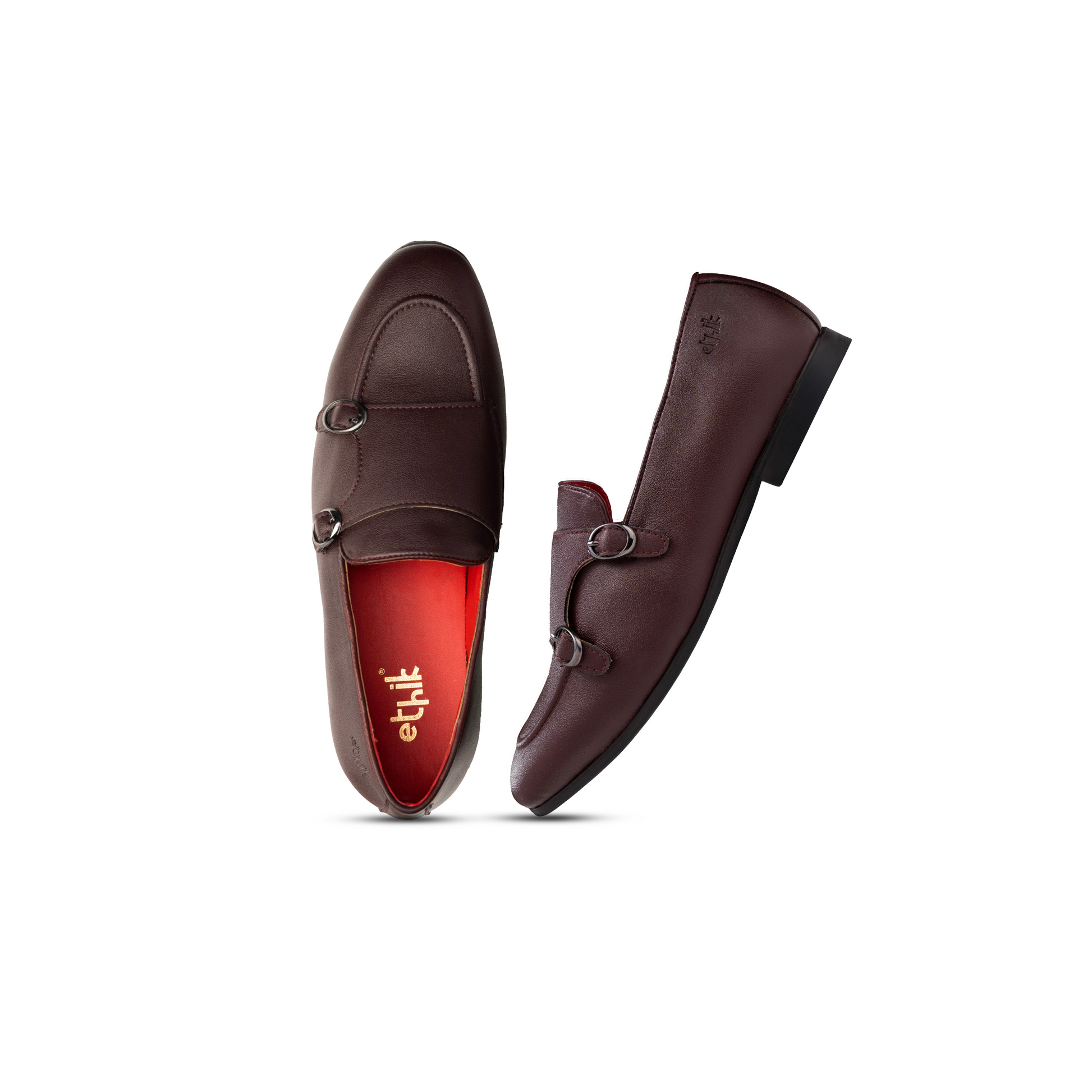 Pair of brown loafers with a visible brand logo on a white background