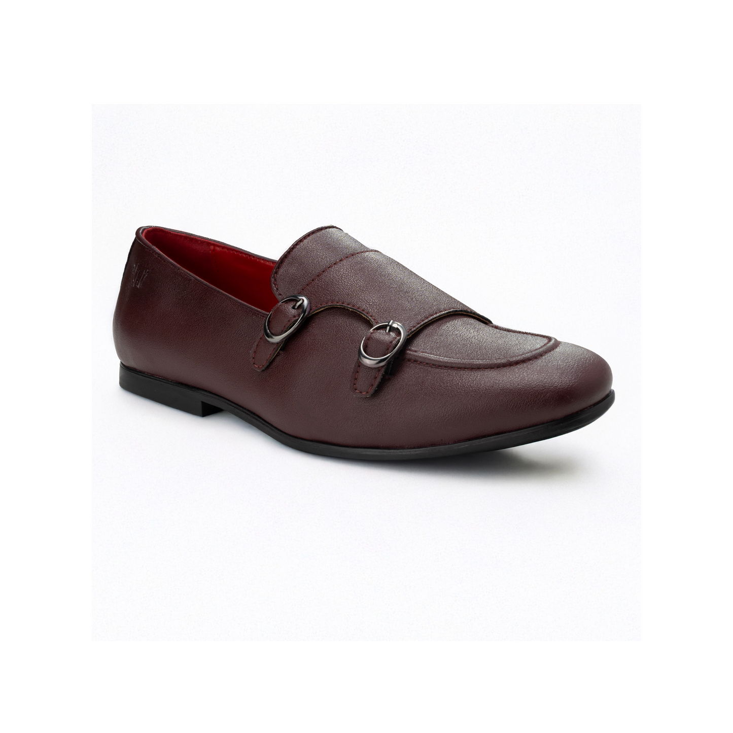 Brown leather loafer with two buckles on a white background