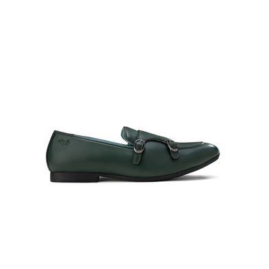 Green leather loafer shoe on a white background