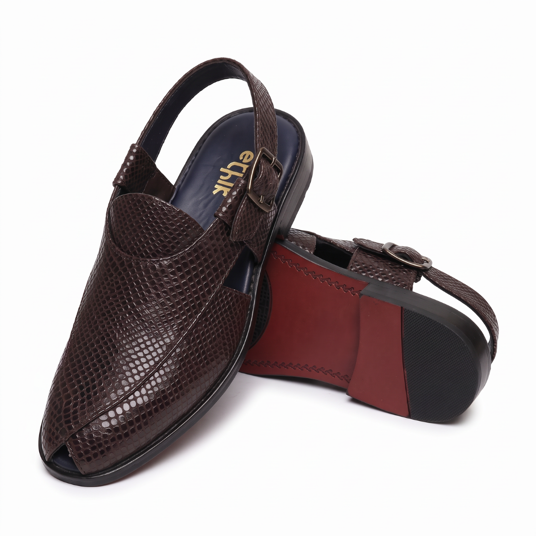 Ethik Jashn Textured Dark Brown Peshawari Sandal for Men