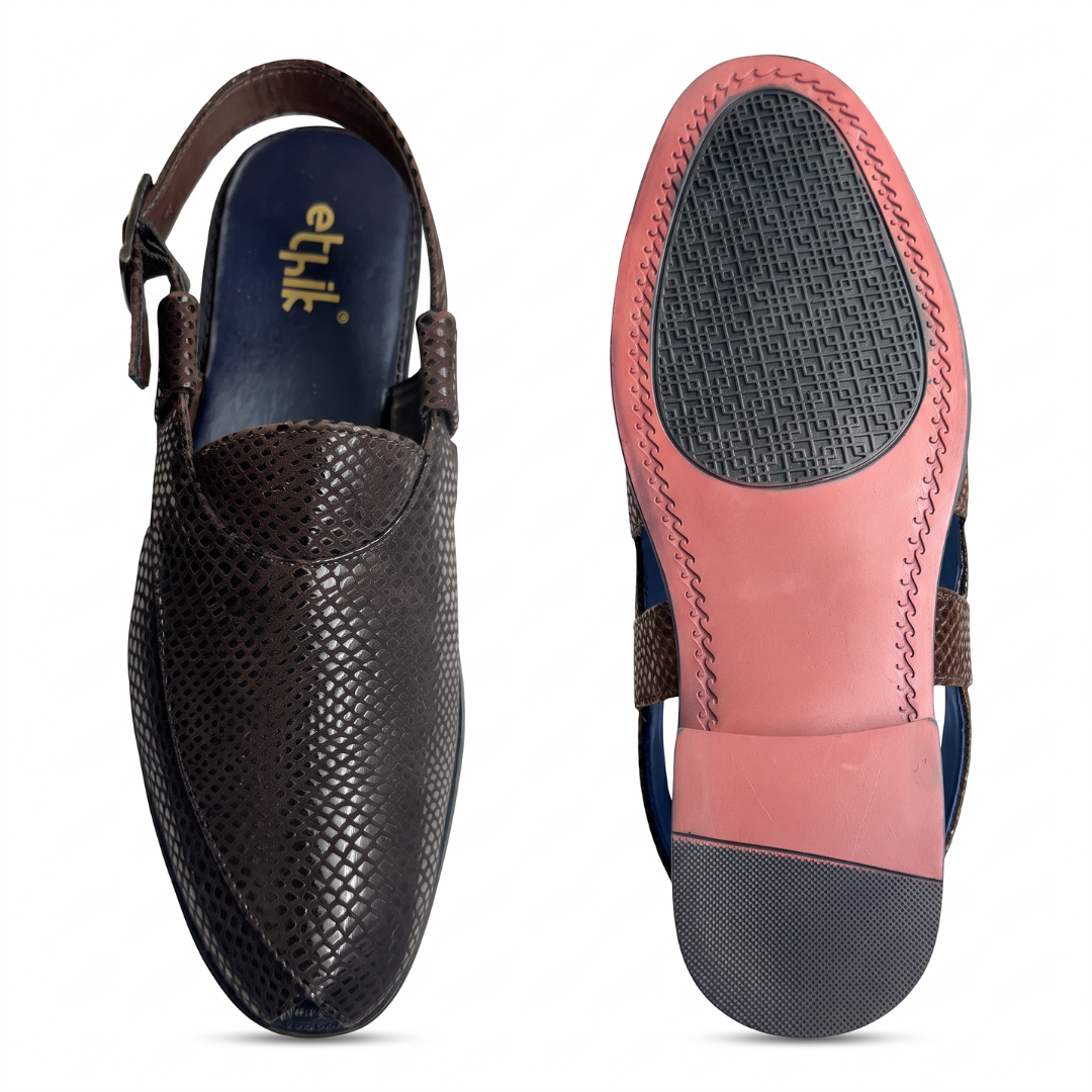 Ethik Jashn Textured Dark Brown Peshawari Sandal for Men