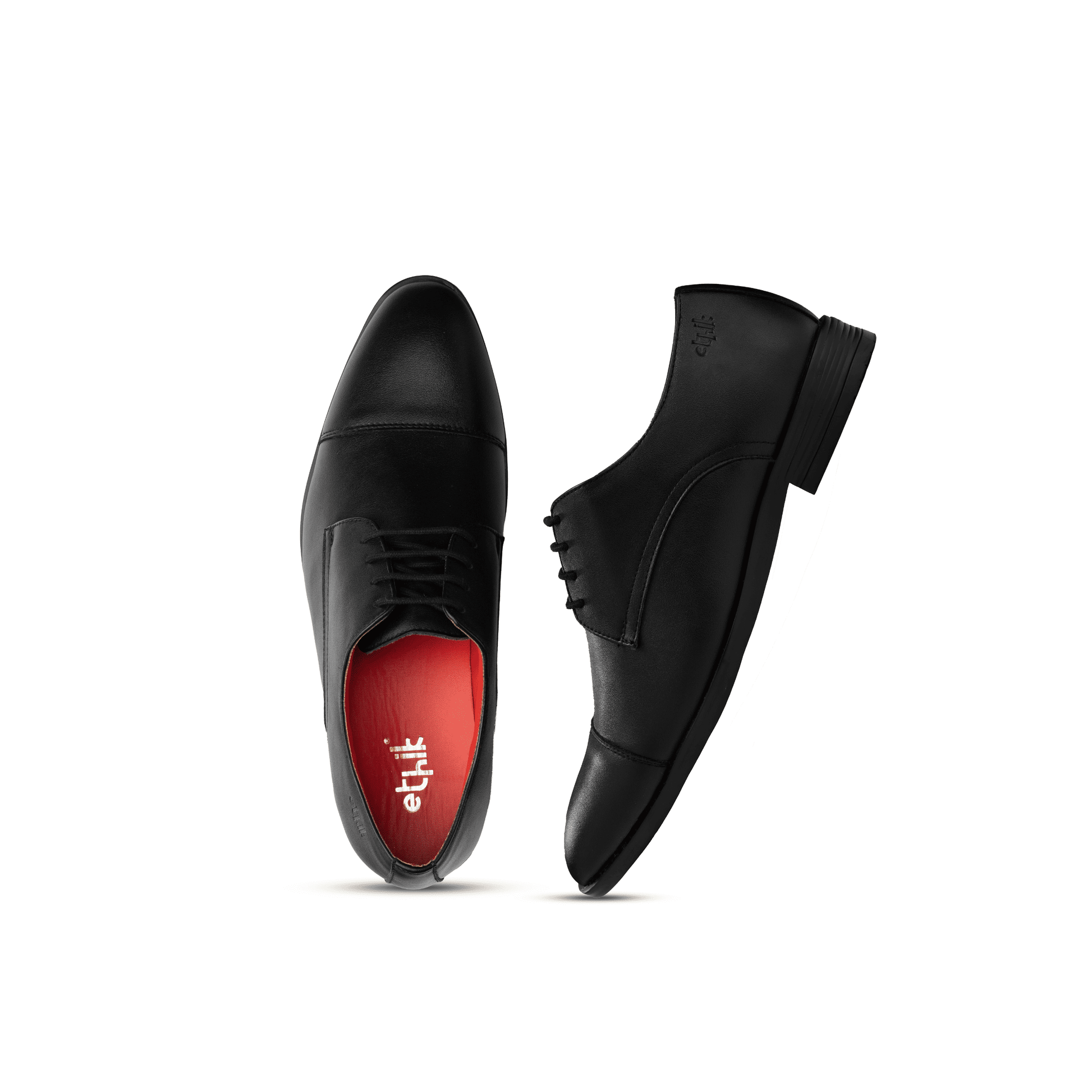 Black dress shoes with a visible brand logo on a white background