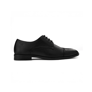 Black leather dress shoe on a white background