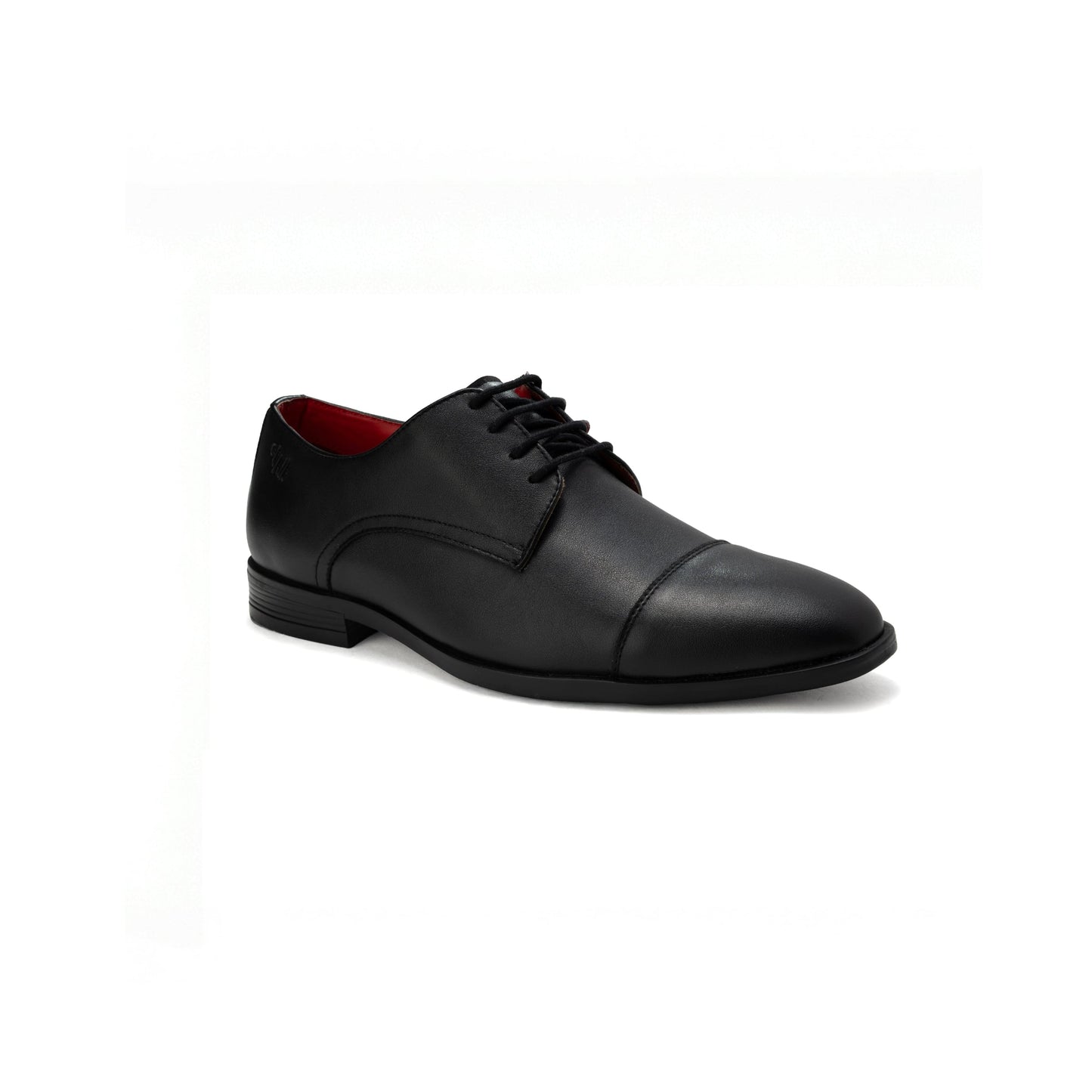 Black leather dress shoe on a white background