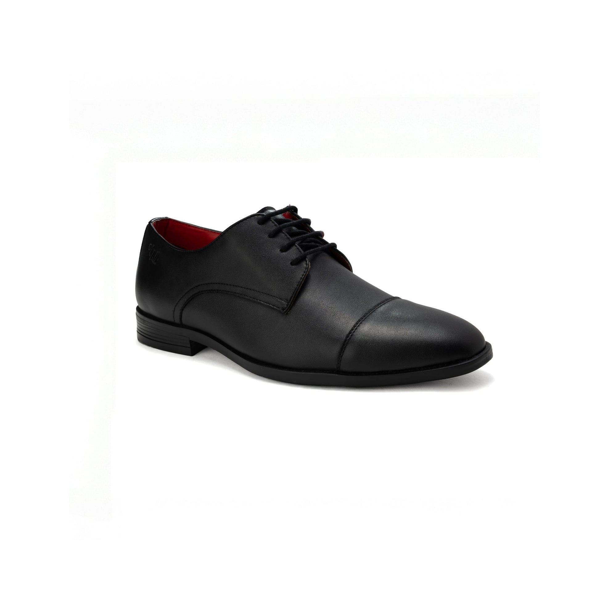 Black leather dress shoe on a white background