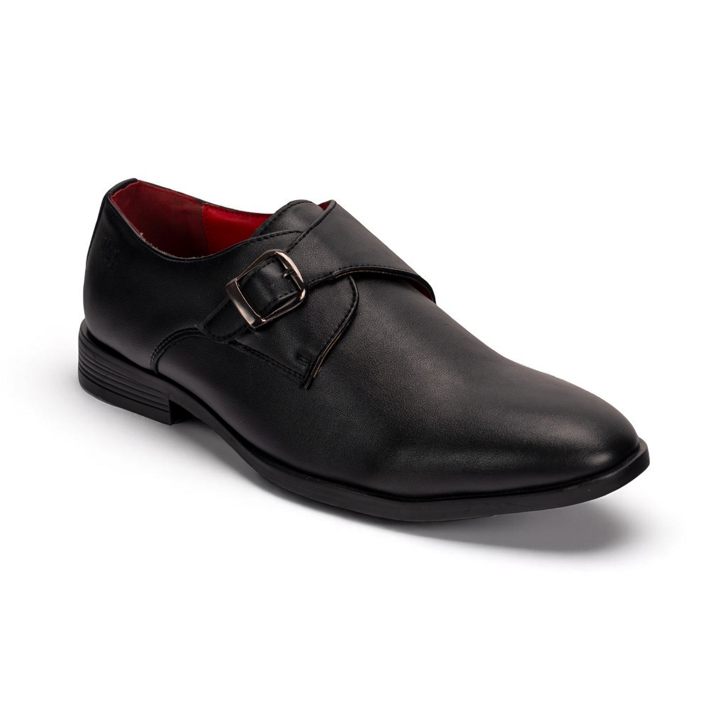 Black leather dress shoe with a buckle on a white background