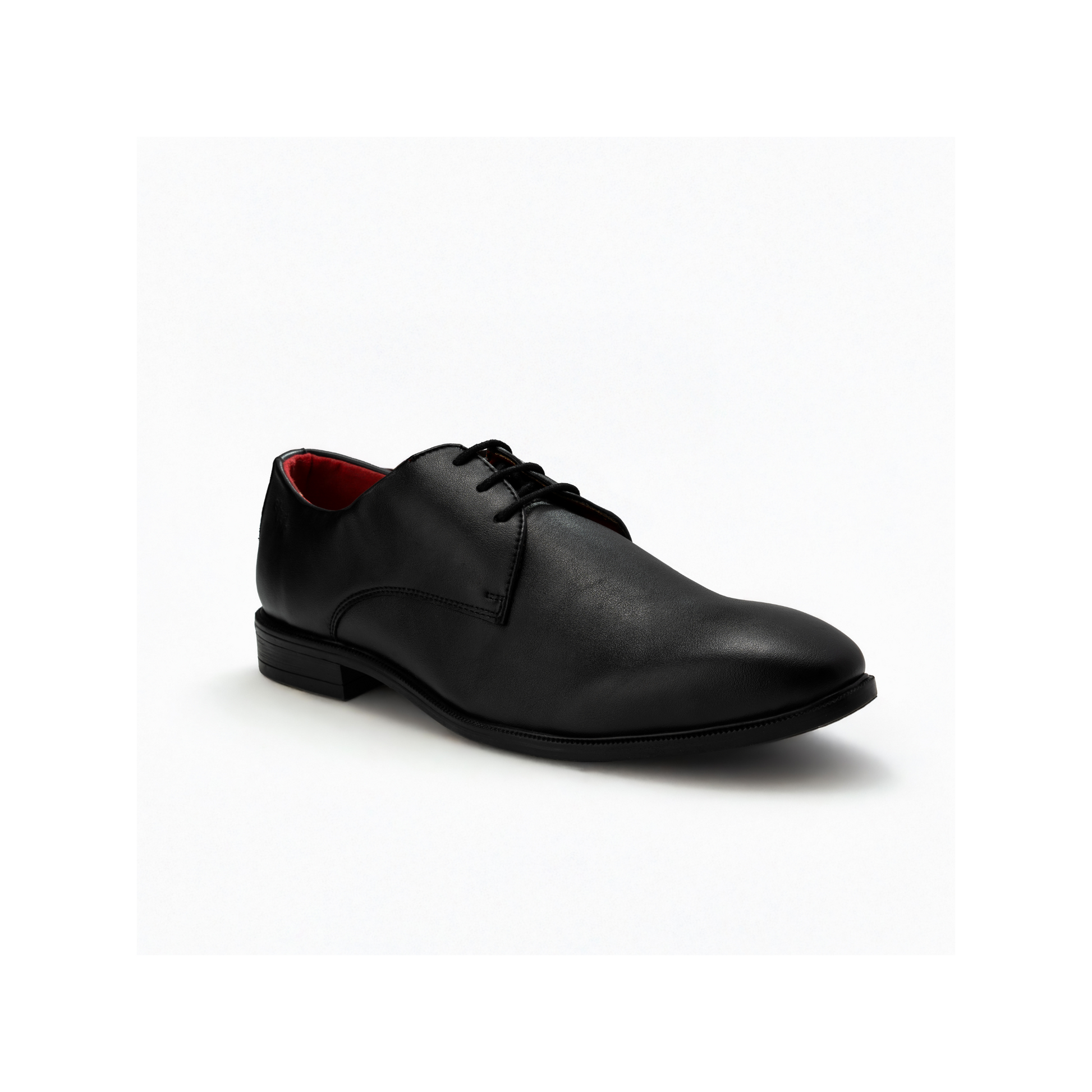 Black leather dress shoe on a white background