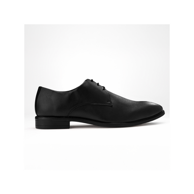 Black leather dress shoe on a white background