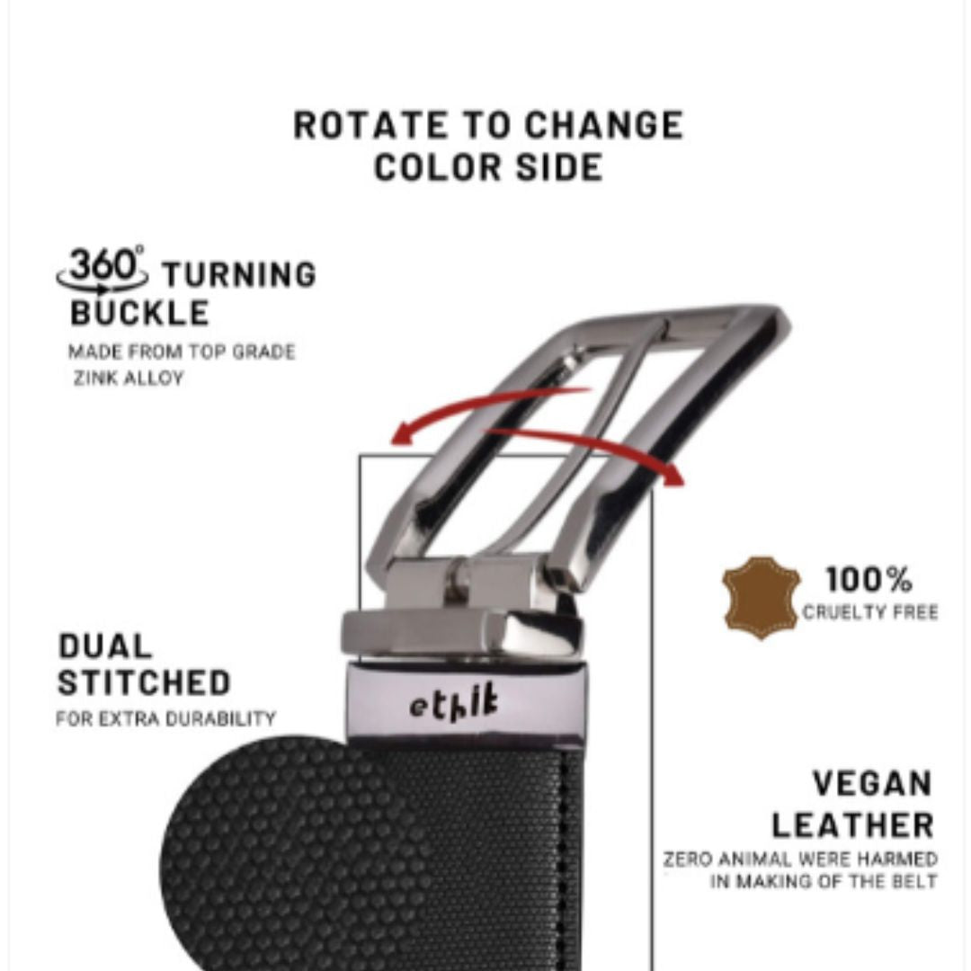 Black belt with a chrome buckle, featuring text about its features and materials.