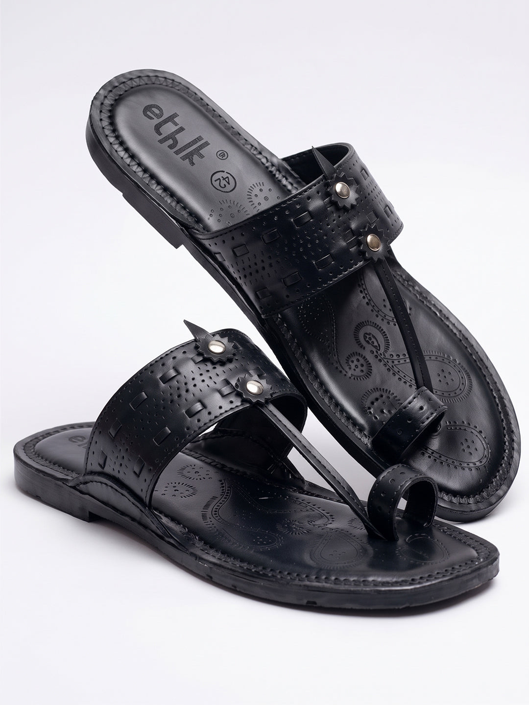 Ethik Raajtilak Black Kolhapuri-Style Chappal for Men