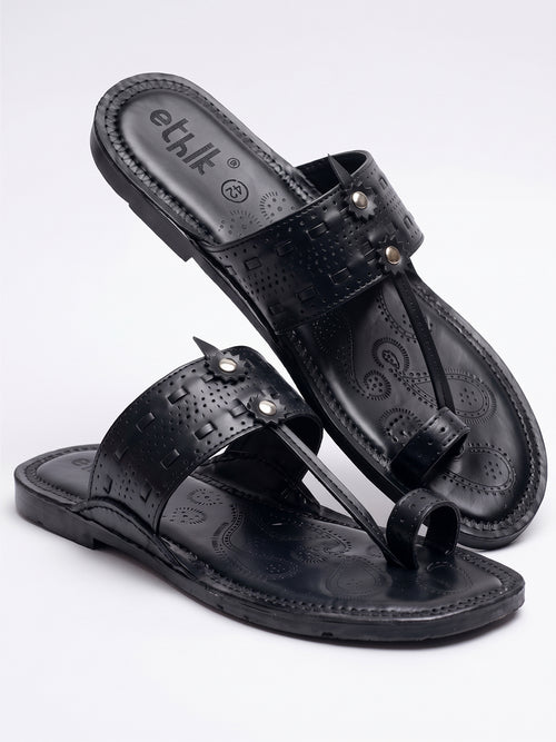 Ethik Raajtilak Black Kolhapuri-Style Chappal for Men