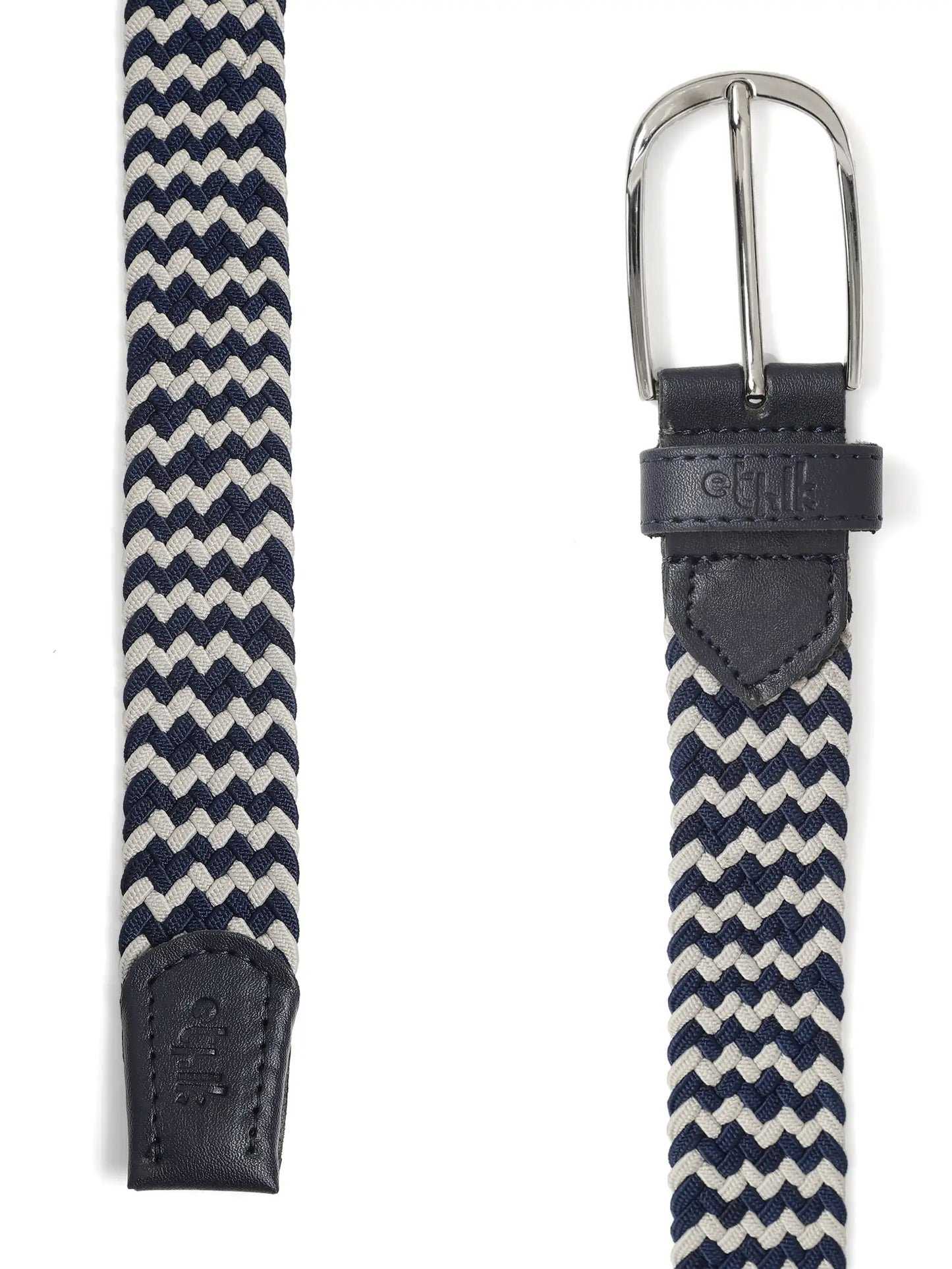 Navy and white chevron-patterned belt with a silver buckle on a white background