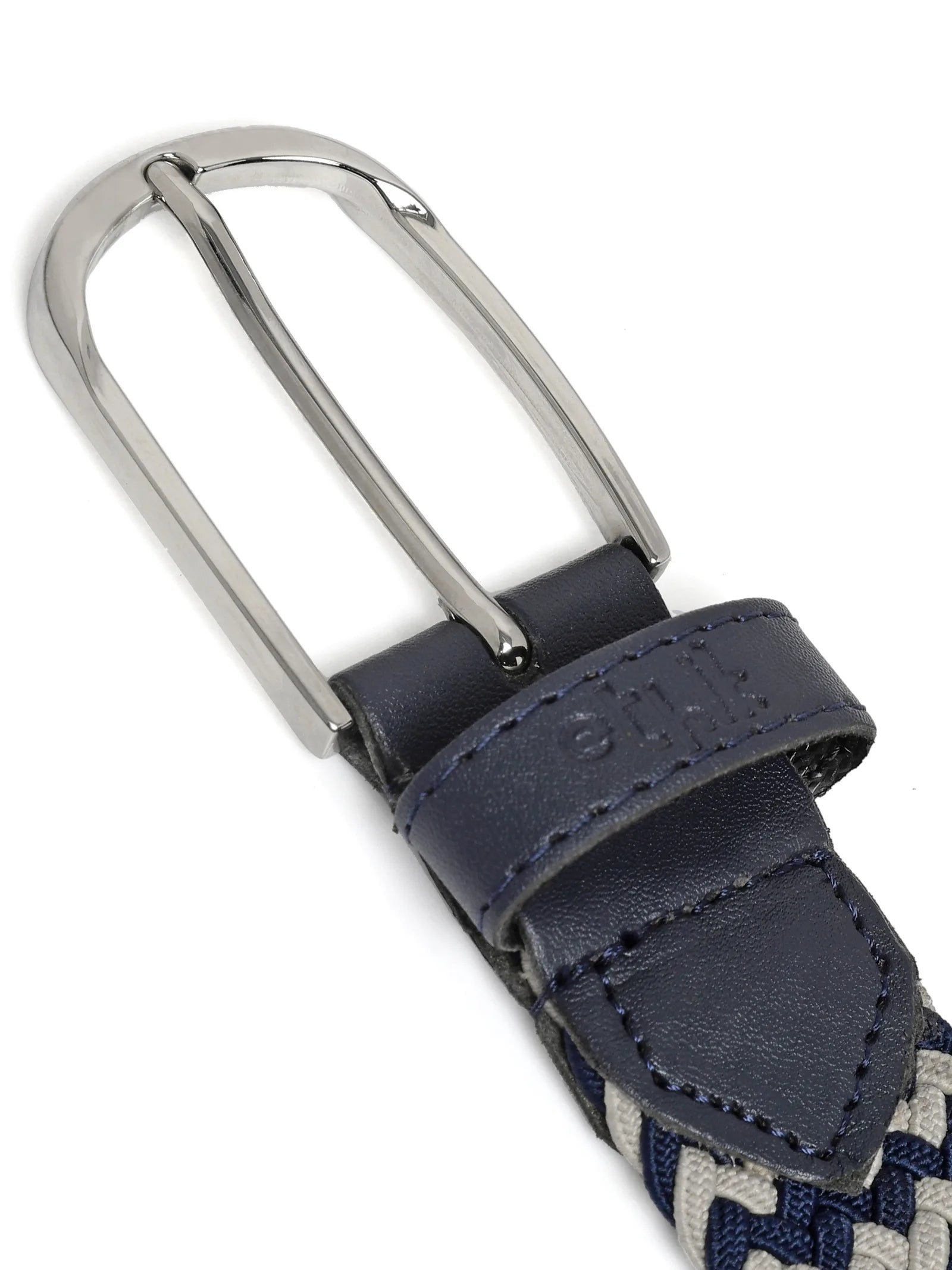 Navy woven belt with a silver buckle on a white background