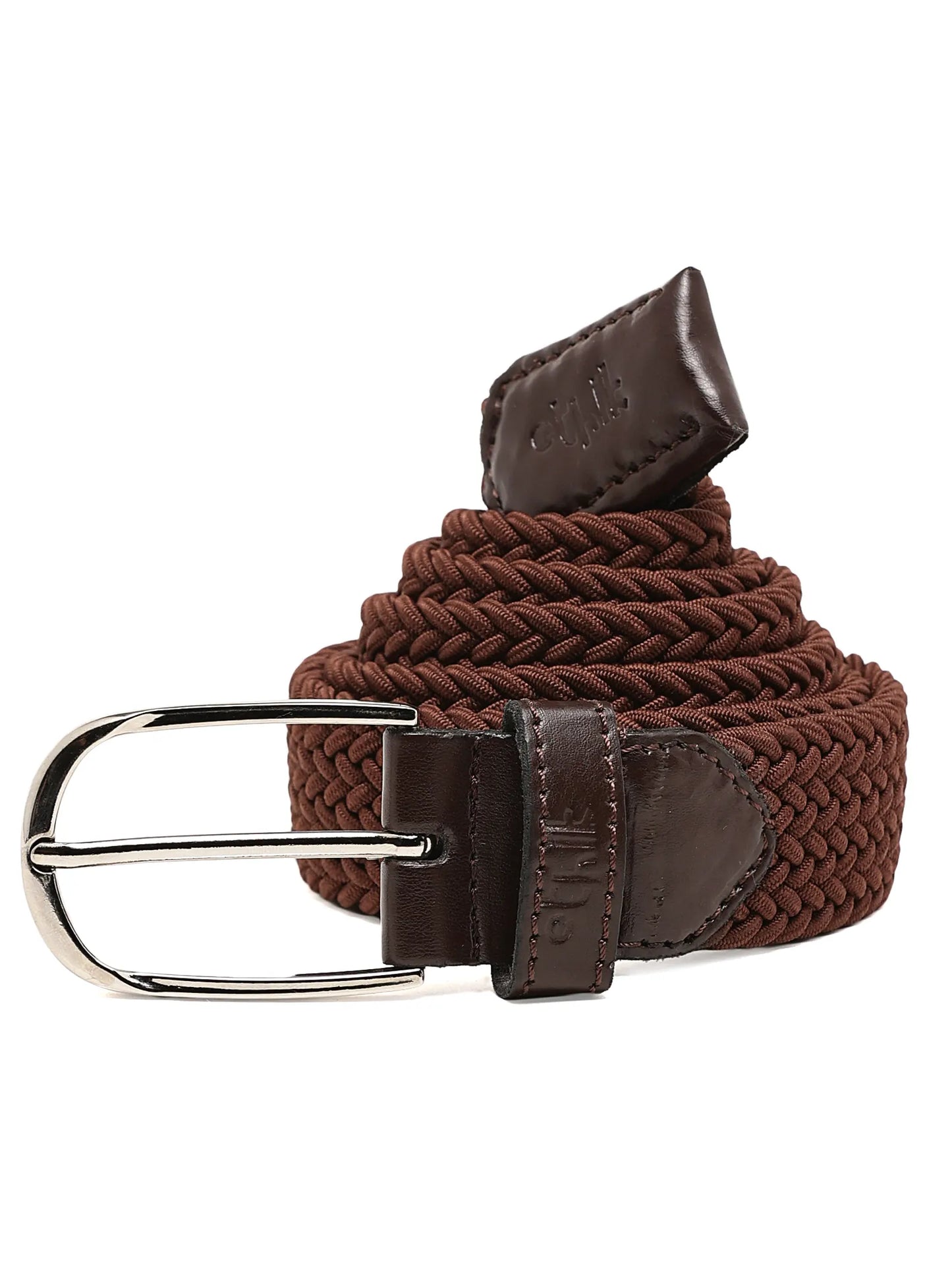 Brown braided belt with a silver buckle on a white background