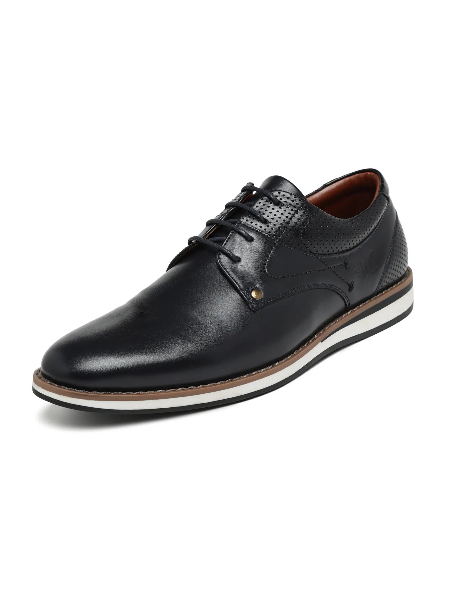 Black leather dress shoe on a white background
